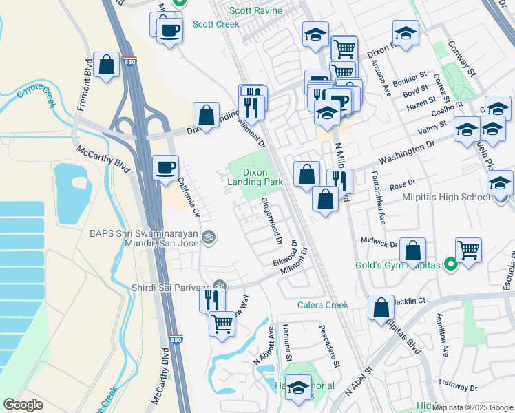 map of restaurants, bars, coffee shops, grocery stores, and more near 1441 Gingerwood Drive in Milpitas