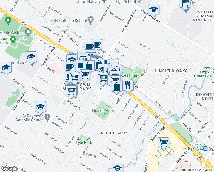 map of restaurants, bars, coffee shops, grocery stores, and more near 685 Roble Avenue in Menlo Park