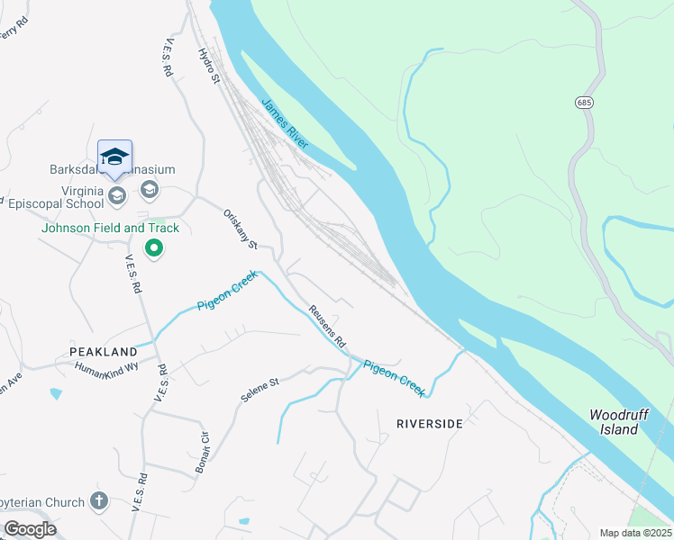 map of restaurants, bars, coffee shops, grocery stores, and more near 680 Reusens Road in Lynchburg