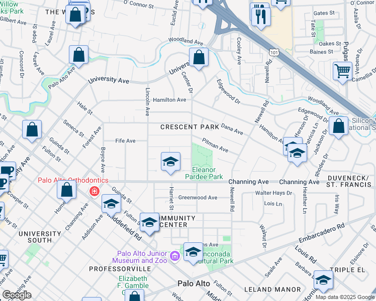 map of restaurants, bars, coffee shops, grocery stores, and more near 802 Center Drive in Palo Alto