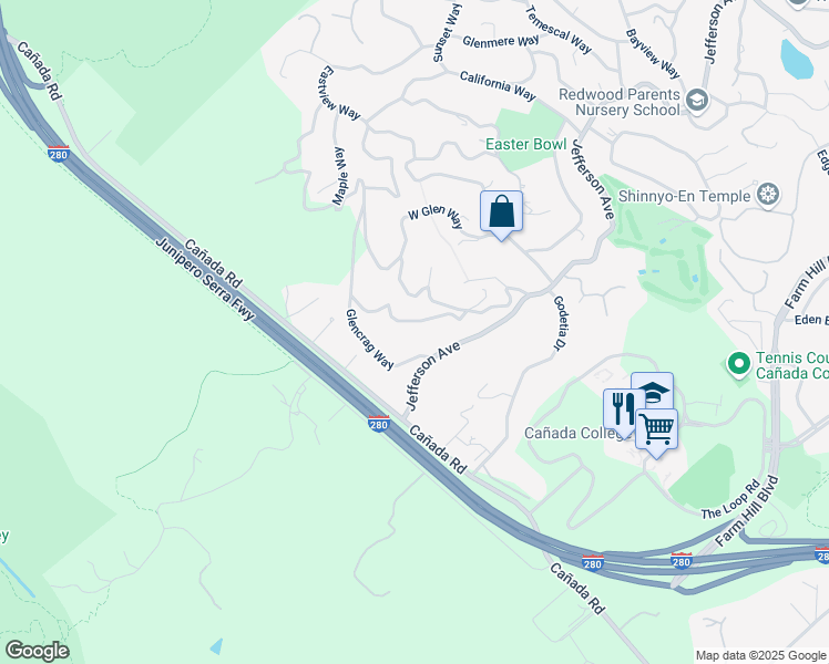 map of restaurants, bars, coffee shops, grocery stores, and more near 642 Woodside Way in Woodside