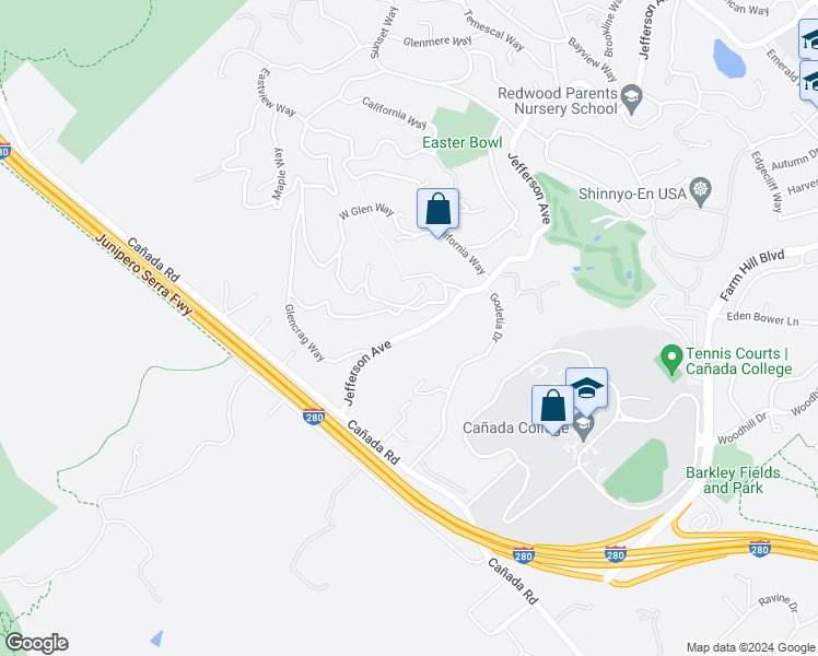 map of restaurants, bars, coffee shops, grocery stores, and more near 4224 Jefferson Avenue in Woodside