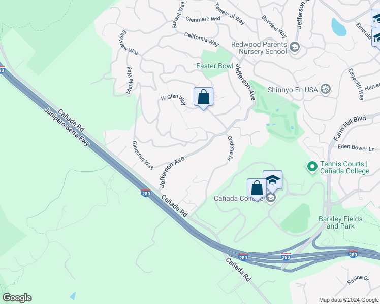 map of restaurants, bars, coffee shops, grocery stores, and more near 4224 Jefferson Avenue in Woodside