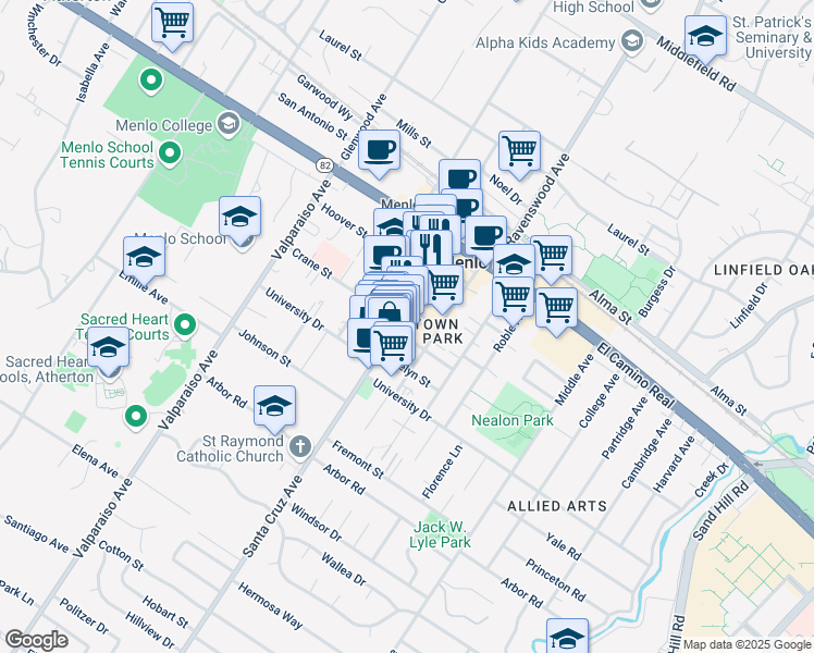 map of restaurants, bars, coffee shops, grocery stores, and more near 860 Santa Cruz Avenue in Menlo Park