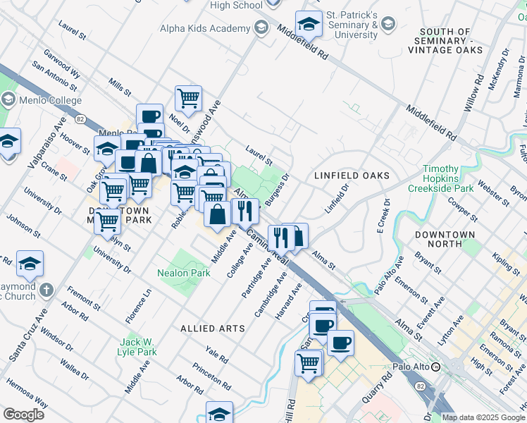 map of restaurants, bars, coffee shops, grocery stores, and more near 501 Alma Street in Menlo Park