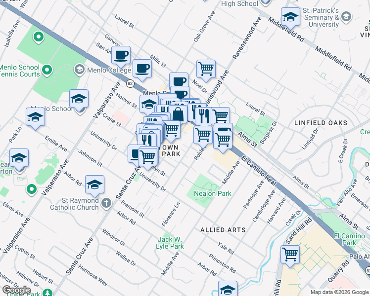 map of restaurants, bars, coffee shops, grocery stores, and more near 742 Live Oak Avenue in Menlo Park