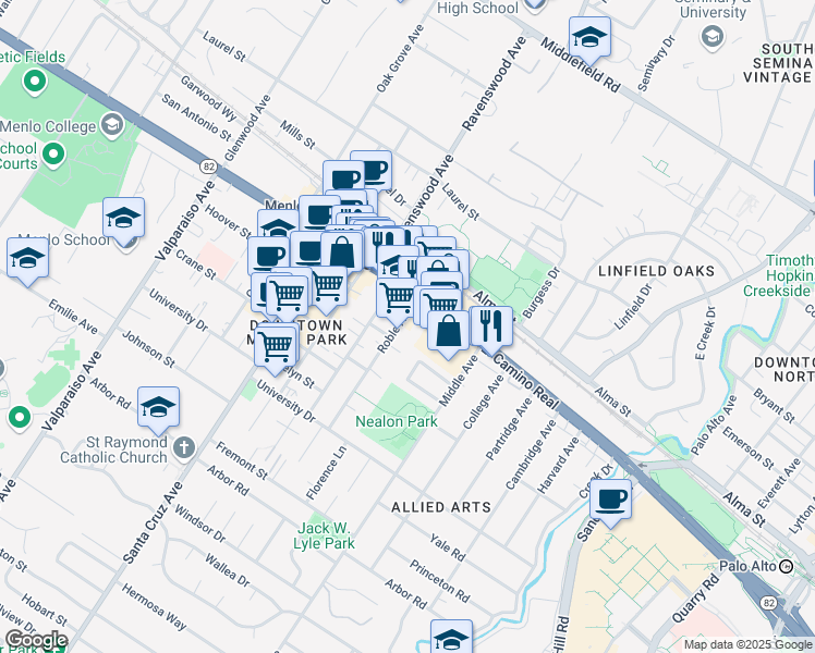 map of restaurants, bars, coffee shops, grocery stores, and more near 665 Roble Avenue in Menlo Park
