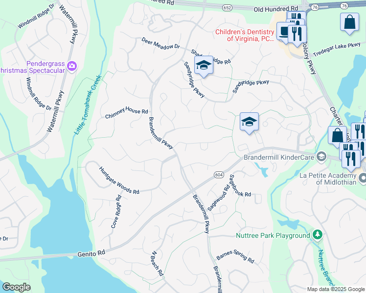 map of restaurants, bars, coffee shops, grocery stores, and more near 2704 Walnut Creek Court in Midlothian