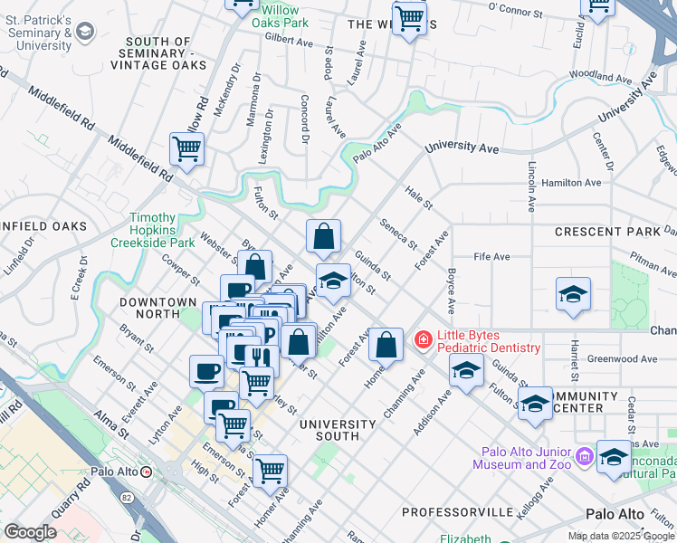 map of restaurants, bars, coffee shops, grocery stores, and more near 500 Fulton Street in Palo Alto