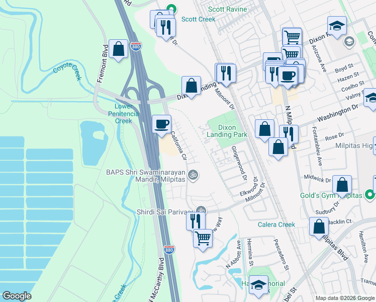 map of restaurants, bars, coffee shops, grocery stores, and more near 1496 Hidden Creek Lane in Milpitas