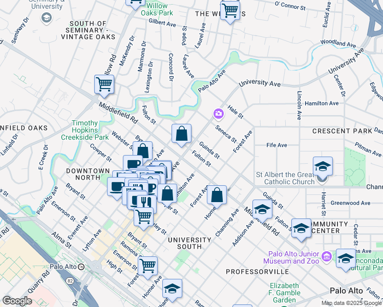 map of restaurants, bars, coffee shops, grocery stores, and more near 723 Hamilton Avenue in Palo Alto