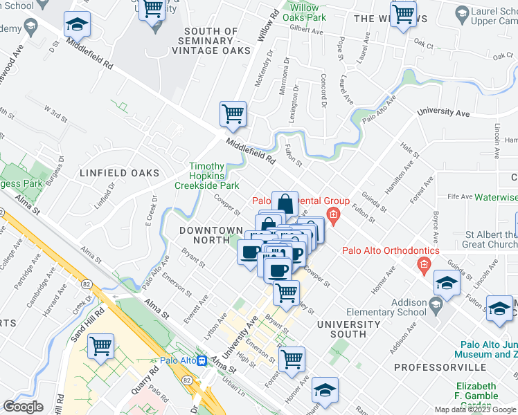 map of restaurants, bars, coffee shops, grocery stores, and more near 521 Everett Avenue in Palo Alto