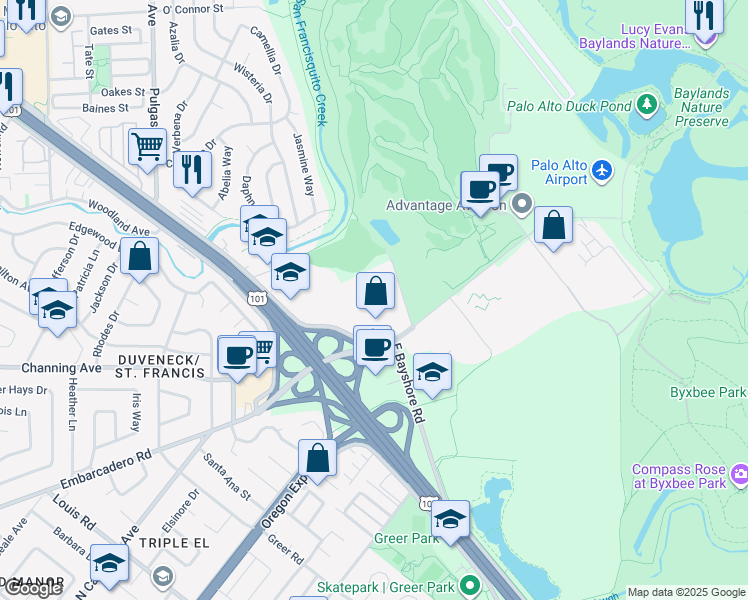 map of restaurants, bars, coffee shops, grocery stores, and more near 2225 Bayshore Freeway in Palo Alto