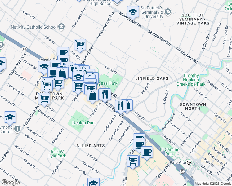 map of restaurants, bars, coffee shops, grocery stores, and more near 495 Waverley Street in Palo Alto
