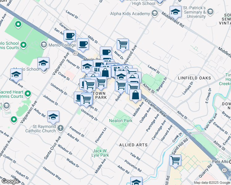 map of restaurants, bars, coffee shops, grocery stores, and more near 801 Curtis Street in Menlo Park