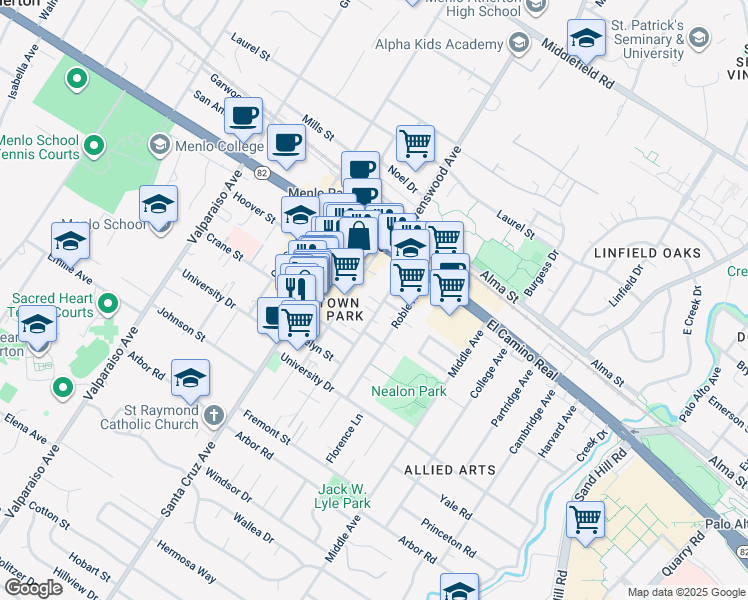 map of restaurants, bars, coffee shops, grocery stores, and more near 742 Live Oak Avenue in Menlo Park