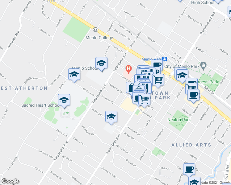 map of restaurants, bars, coffee shops, grocery stores, and more near 1330 Johnson Street in Menlo Park