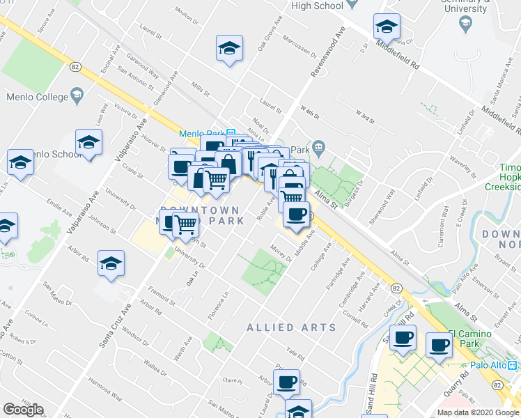map of restaurants, bars, coffee shops, grocery stores, and more near 684 Roble Avenue in Menlo Park