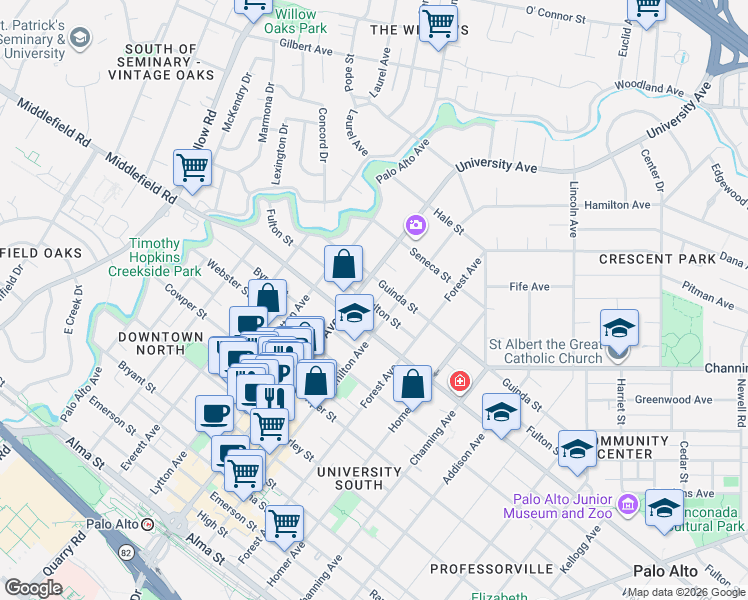 map of restaurants, bars, coffee shops, grocery stores, and more near 723 Hamilton Avenue in Palo Alto