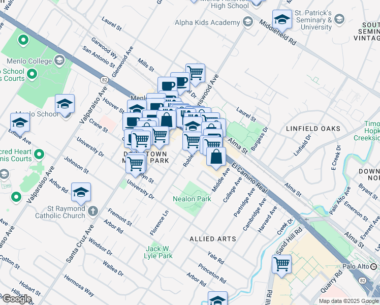 map of restaurants, bars, coffee shops, grocery stores, and more near 684 Roble Avenue in Menlo Park