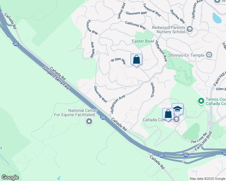 map of restaurants, bars, coffee shops, grocery stores, and more near 642 Woodside Way in Woodside