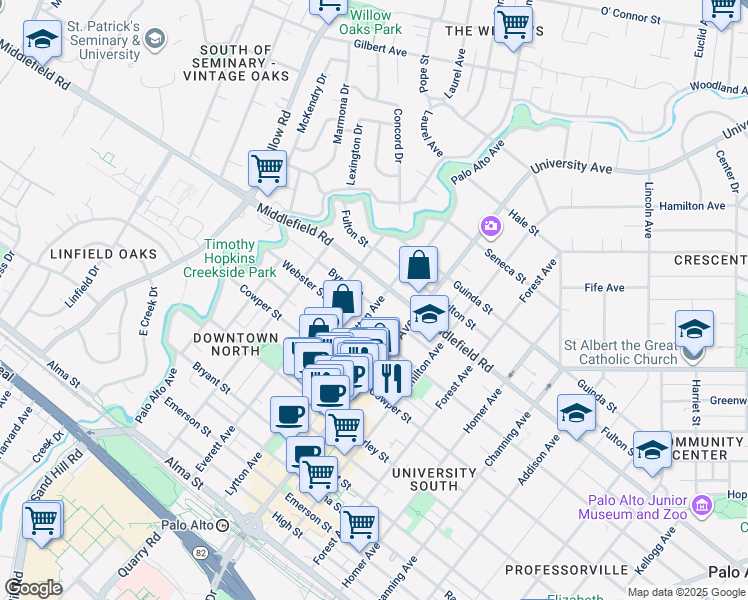 map of restaurants, bars, coffee shops, grocery stores, and more near 647 Lytton Avenue in Palo Alto