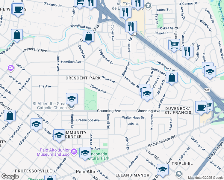 map of restaurants, bars, coffee shops, grocery stores, and more near 1494 Kings Lane in Palo Alto