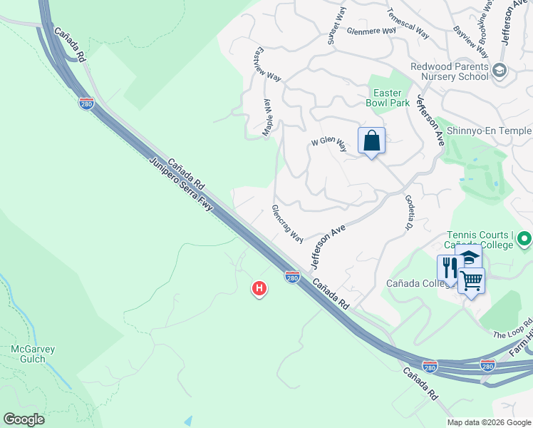 map of restaurants, bars, coffee shops, grocery stores, and more near 810 Glencrag Way in Woodside
