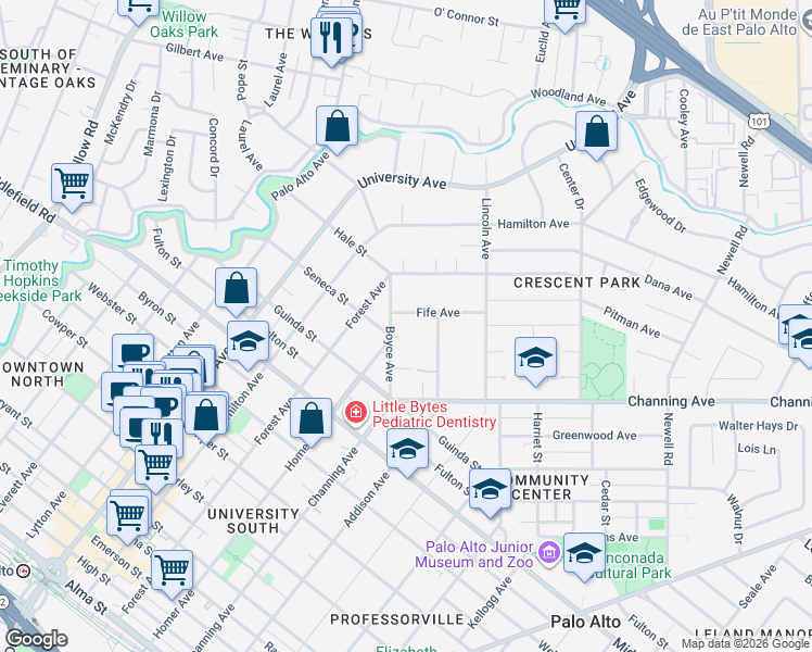 map of restaurants, bars, coffee shops, grocery stores, and more near 1020 Fife Avenue in Palo Alto