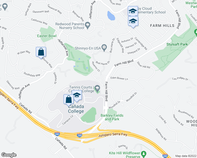 map of restaurants, bars, coffee shops, grocery stores, and more near 4020 Farm Hill Boulevard in Redwood City