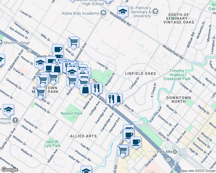 map of restaurants, bars, coffee shops, grocery stores, and more near 461 Burgess Drive in Menlo Park