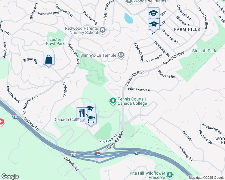 map of restaurants, bars, coffee shops, grocery stores, and more near 4008 Farm Hill Boulevard in Redwood City