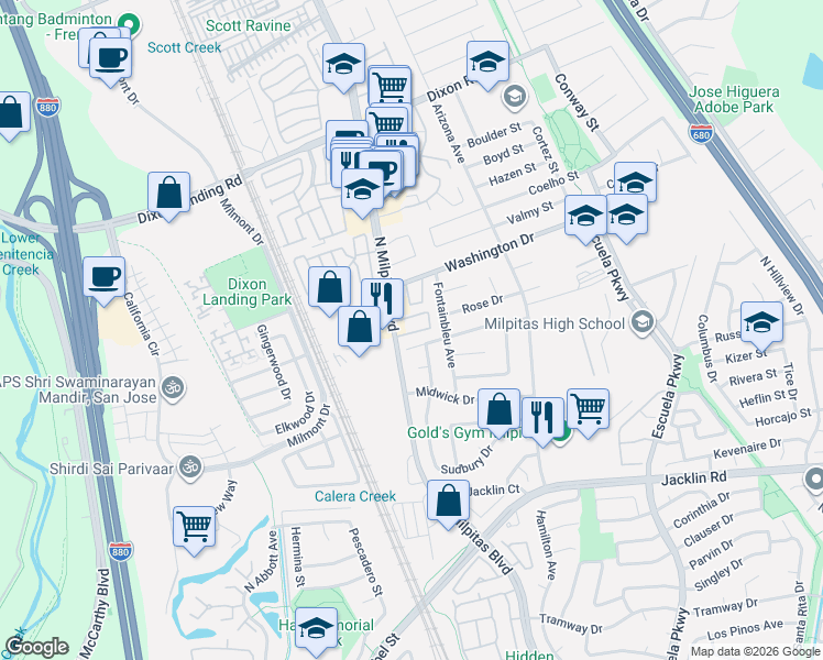 map of restaurants, bars, coffee shops, grocery stores, and more near 38 Vienna Drive in Milpitas