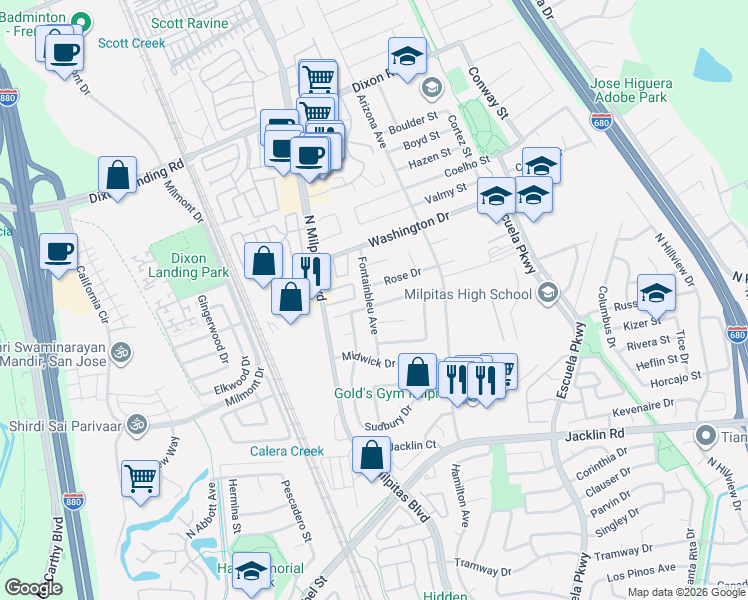 map of restaurants, bars, coffee shops, grocery stores, and more near 1311 Fontainbleu Avenue in Milpitas