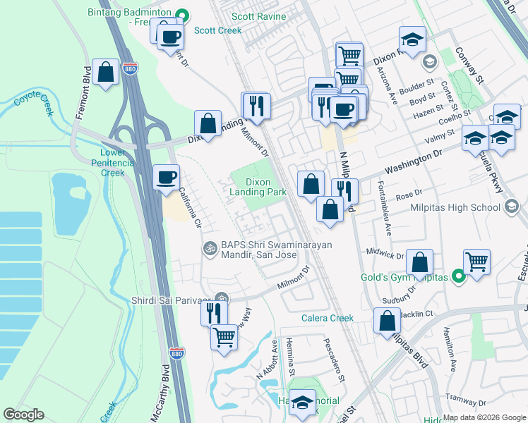 map of restaurants, bars, coffee shops, grocery stores, and more near 1441 Gingerwood Drive in Milpitas