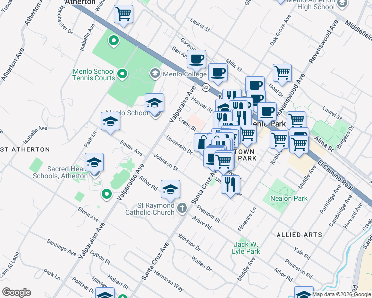 map of restaurants, bars, coffee shops, grocery stores, and more near University Dr & Rose Ave in Menlo Park