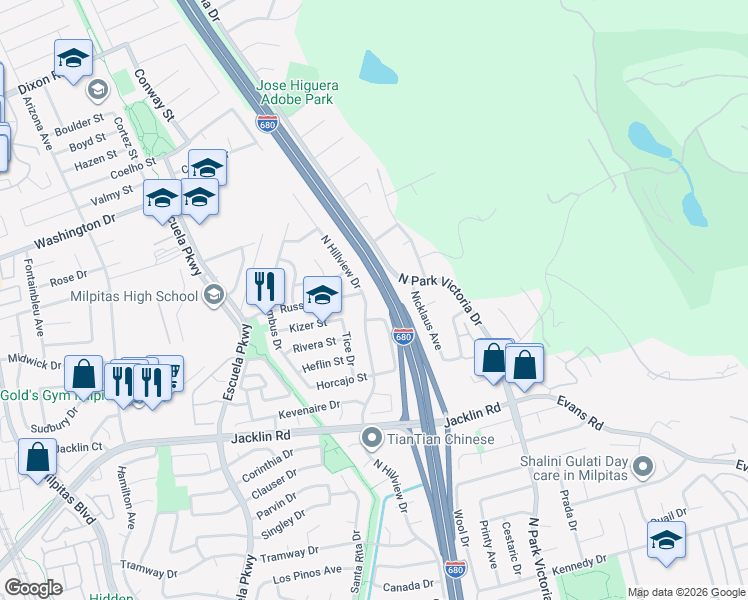 map of restaurants, bars, coffee shops, grocery stores, and more near 1119 Horcajo Circle in Milpitas