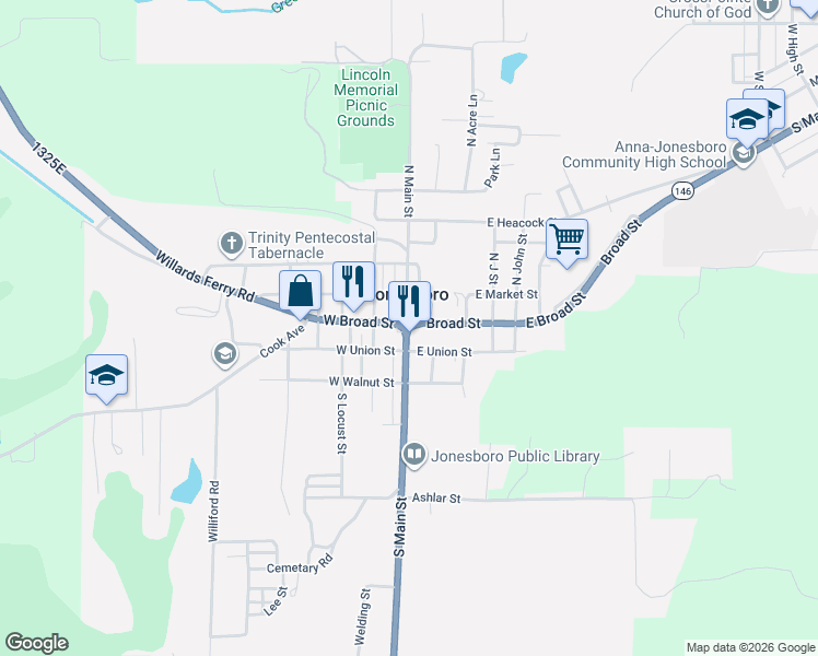 map of restaurants, bars, coffee shops, grocery stores, and more near 100 East Union Street in Jonesboro