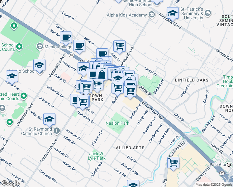 map of restaurants, bars, coffee shops, grocery stores, and more near 877 El Camino Real in Menlo Park