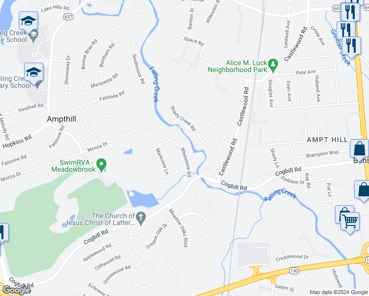 map of restaurants, bars, coffee shops, grocery stores, and more near 5373 Whetstone Road in Richmond