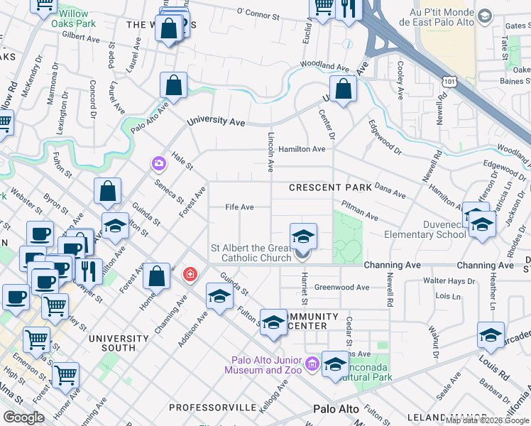 map of restaurants, bars, coffee shops, grocery stores, and more near 985 Lincoln Avenue in Palo Alto