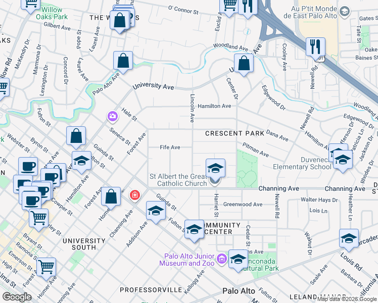 map of restaurants, bars, coffee shops, grocery stores, and more near 985 Lincoln Avenue in Palo Alto