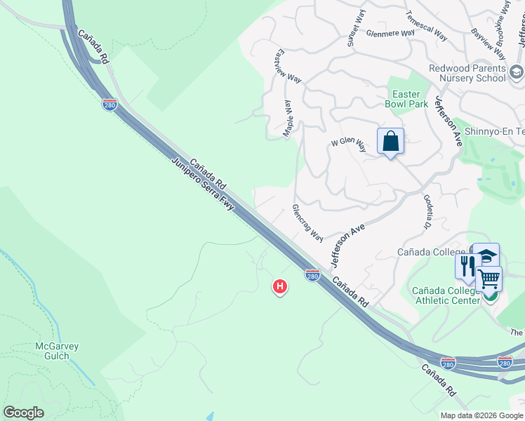 map of restaurants, bars, coffee shops, grocery stores, and more near 789 Cañada Road in Woodside