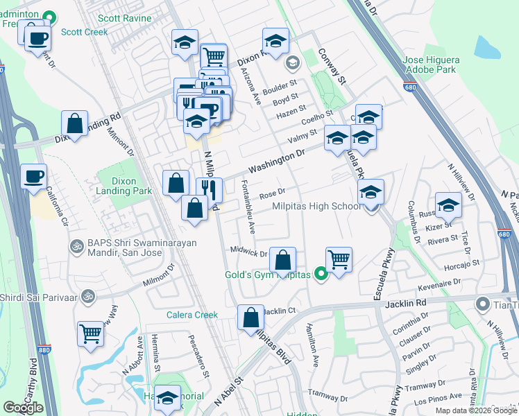 map of restaurants, bars, coffee shops, grocery stores, and more near 109 Rose Drive in Milpitas