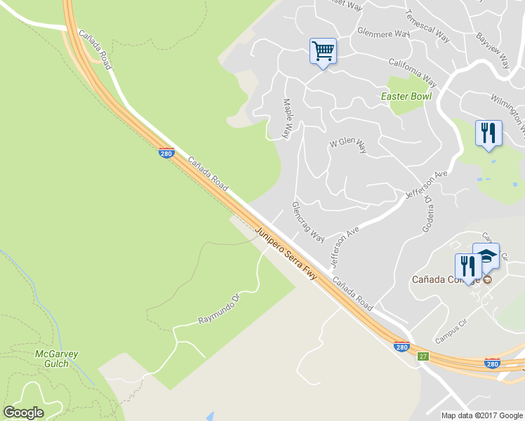 map of restaurants, bars, coffee shops, grocery stores, and more near 789 Cañada Road in Woodside