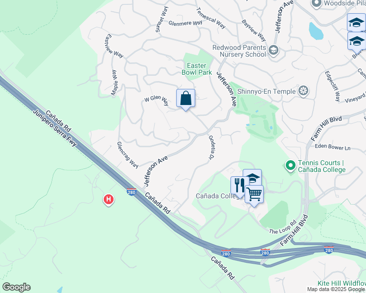 map of restaurants, bars, coffee shops, grocery stores, and more near 4214 Jefferson Avenue in Woodside