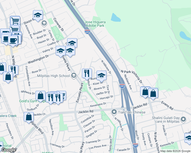 map of restaurants, bars, coffee shops, grocery stores, and more near 1262 Columbus Drive in Milpitas