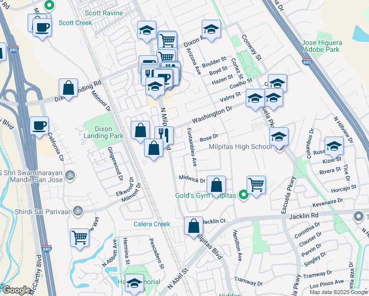 map of restaurants, bars, coffee shops, grocery stores, and more near 52 Washington Square Drive in Milpitas