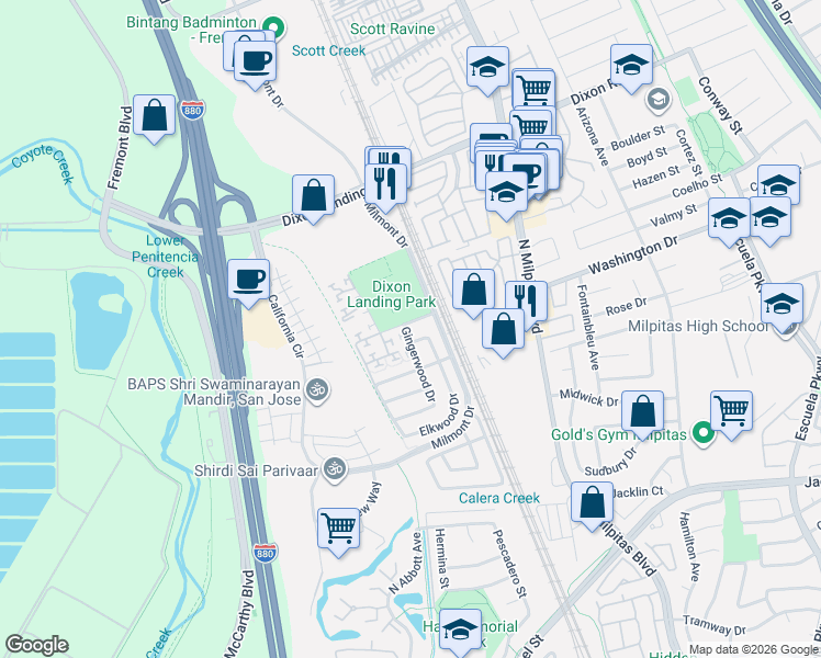 map of restaurants, bars, coffee shops, grocery stores, and more near 1313 North Milpitas Boulevard in Milpitas
