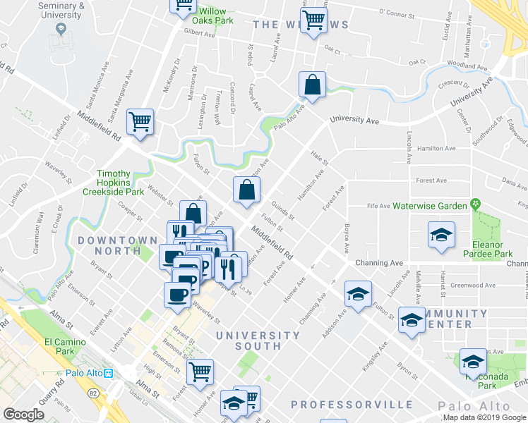 map of restaurants, bars, coffee shops, grocery stores, and more near 800 University Avenue in Palo Alto